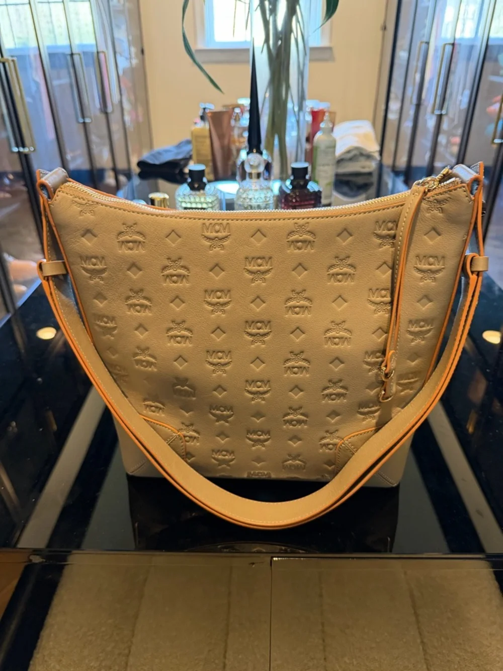 MCM Grey Embossed Leather Shoulder Bag with Tan Trim (purse only) - Picture 3 of 6